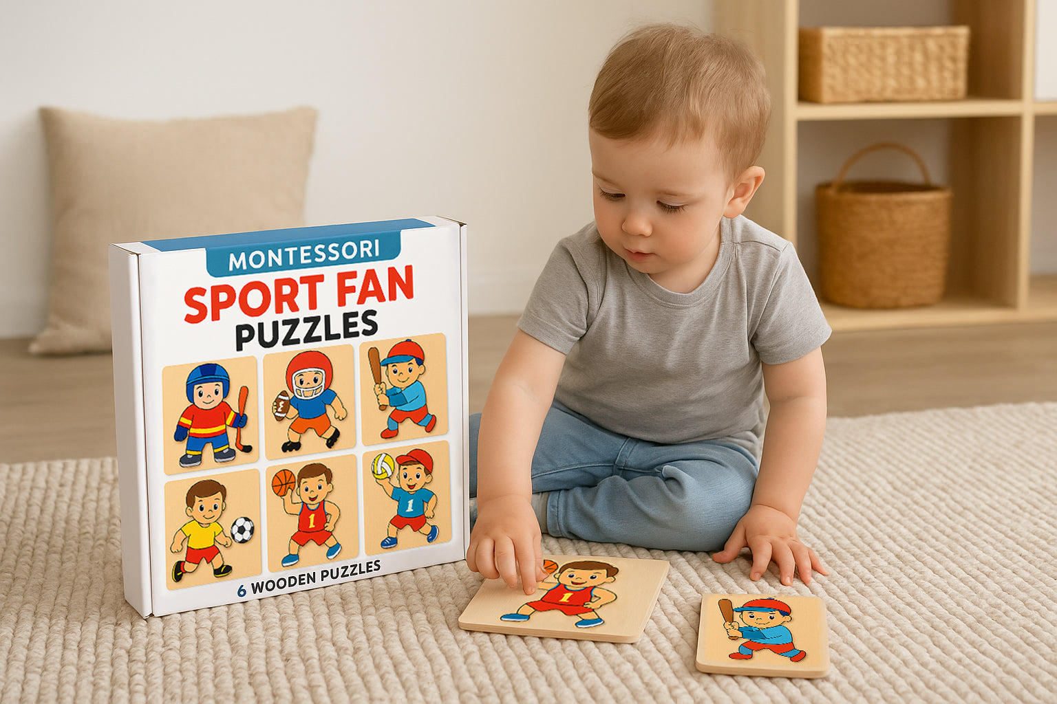 Montessori Sport Fan Puzzles – 6 Wooden Puzzle Set