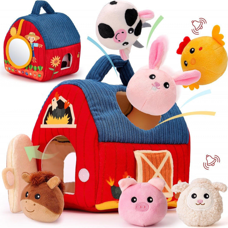 Children's farm toy set with colorful barn and animal figures on a white background