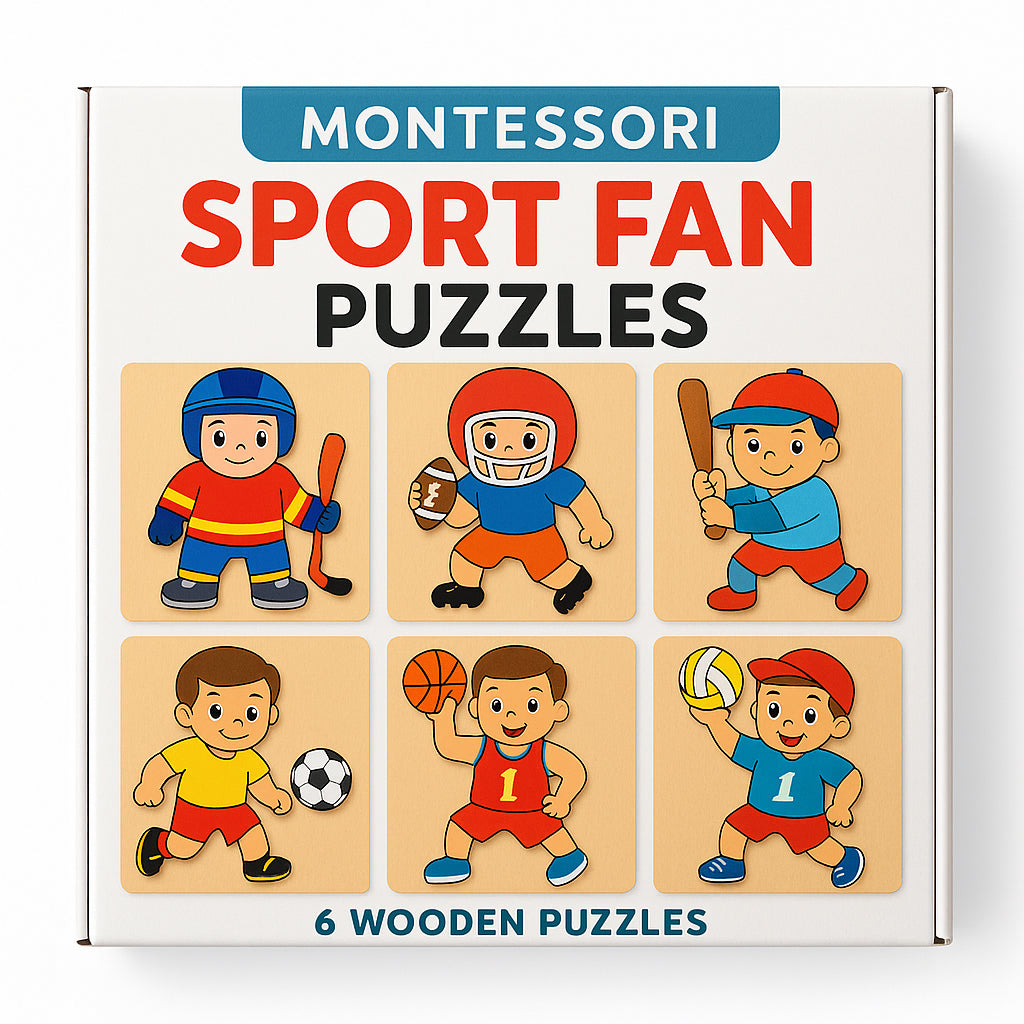 Montessori Sport Fan Puzzles – 6 Wooden Puzzle Set